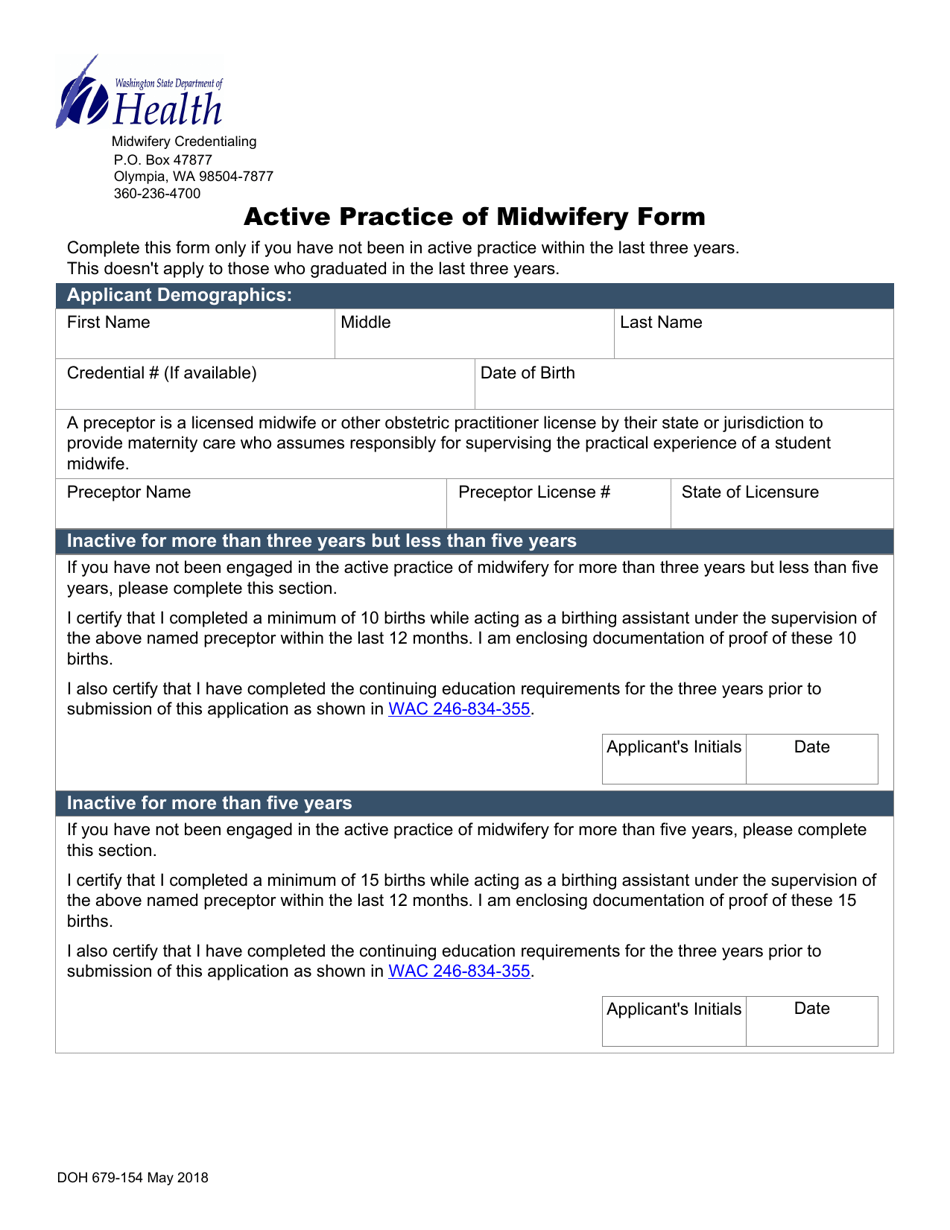 DOH Form 679-154 Active Practice of Midwifery Form - Washington, Page 1