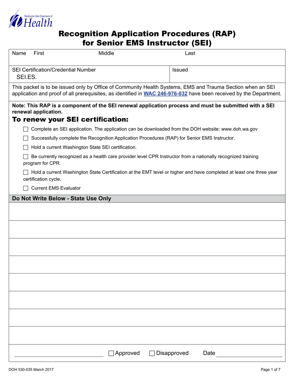 DOH Form 530-035 Recognition Application Procedures (Rap) for Senior EMS Instructor (Sei) - Washington, Page 1