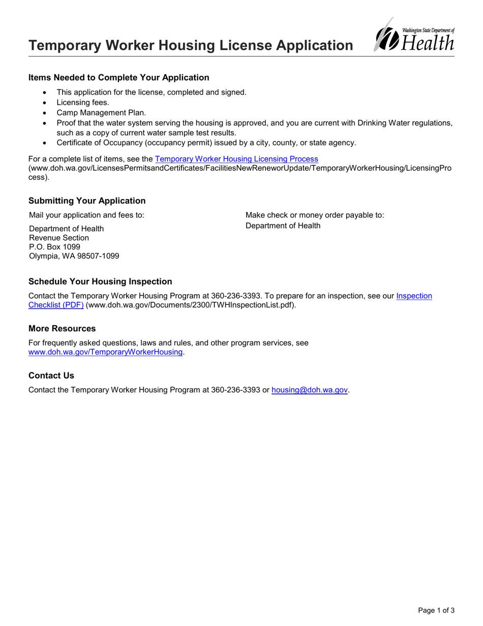 DOH Form 505-062 Temporary Worker Housing License Application - Washington, Page 1