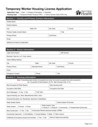 DOH Form 505-062 Temporary Worker Housing License Application - Washington, Page 2