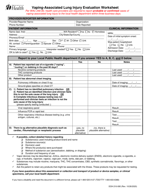 DOH Form 210-095 Vaping-Associated Lung Injury Evaluation Worksheet - Washington