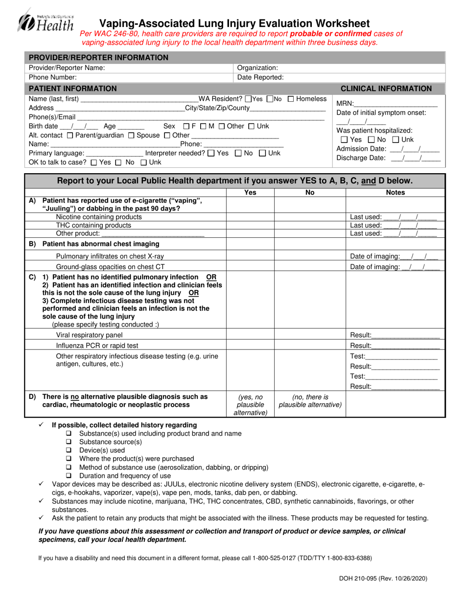DOH Form 210-095 Vaping-Associated Lung Injury Evaluation Worksheet - Washington, Page 1