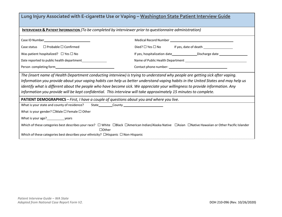 DOH Form 210-096 Lung Injury Associated With E-Cigarette Use or Vaping - Washington State Patient Interview Guide - Washington, Page 1