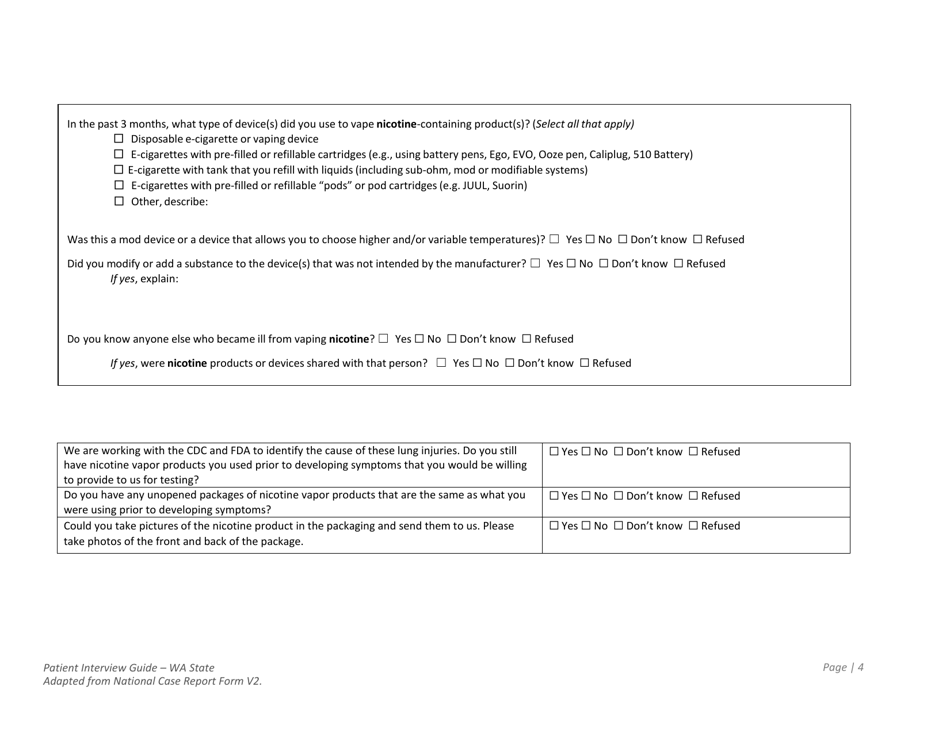 DOH Form 210-096 Lung Injury Associated With E-Cigarette Use or Vaping - Washington State Patient Interview Guide - Washington, Page 4