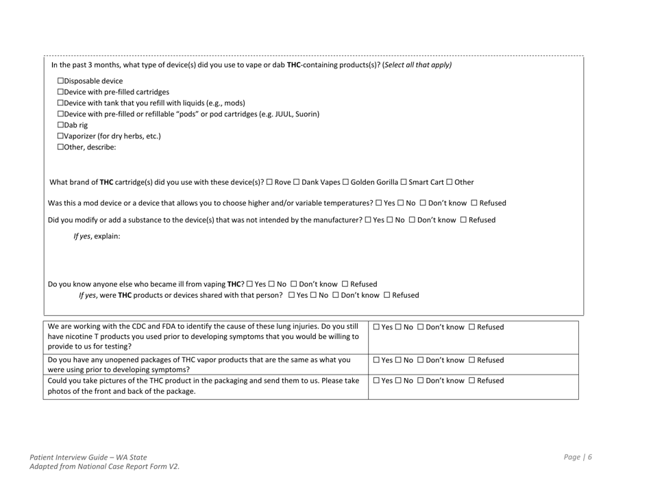 DOH Form 210-096 Lung Injury Associated With E-Cigarette Use or Vaping - Washington State Patient Interview Guide - Washington, Page 6