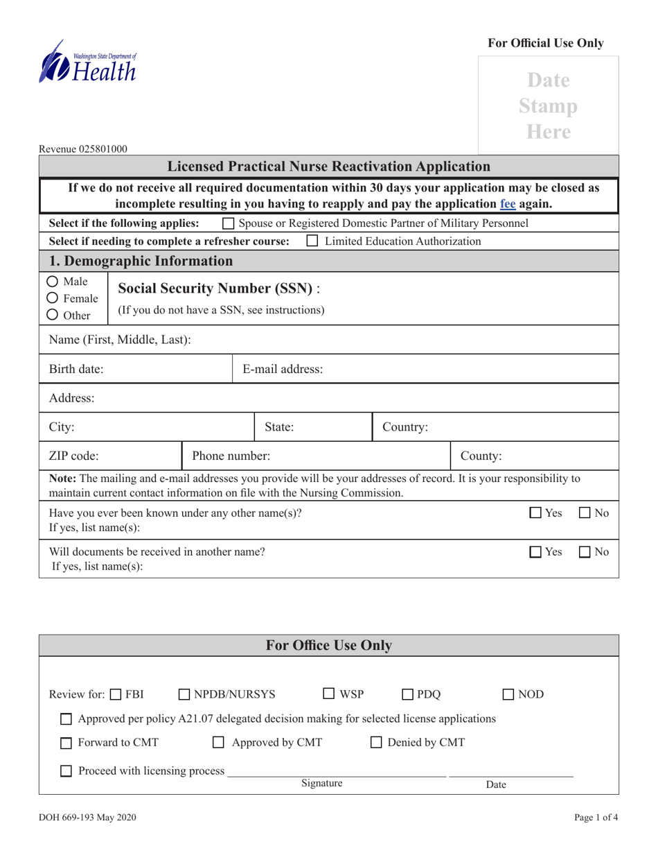 DOH Form 669-193 Licensed Practical Nurse Expired / Inactive Reactivation Application - Washington, Page 3
