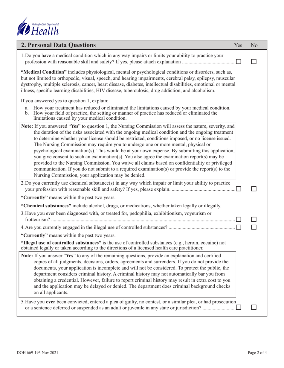DOH Form 669-193 Licensed Practical Nurse Expired / Inactive Reactivation Application - Washington, Page 4