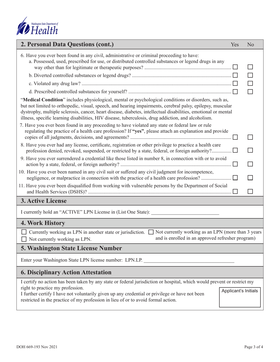 DOH Form 669-193 Licensed Practical Nurse Expired / Inactive Reactivation Application - Washington, Page 5
