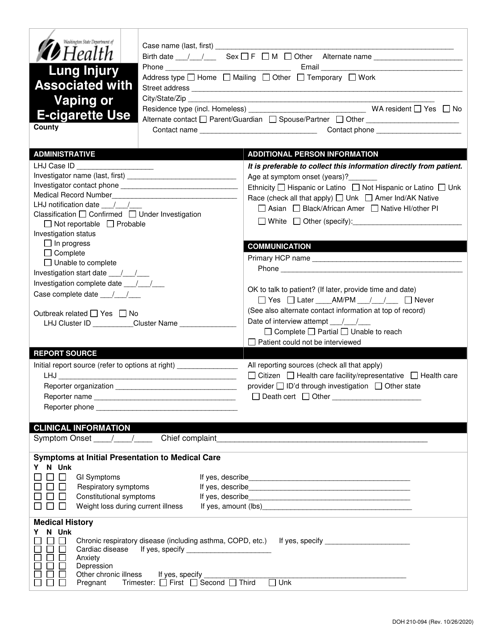 DOH Form 210-094 Lung Injury Associated With Vaping or E-Cigarette Use Reporting Form - Washington