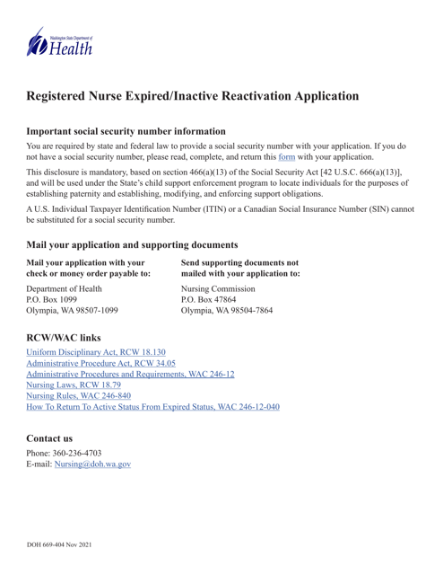 DOH Form 669-404 Registered Nurse Expired/Inactive Reactivation Application - Washington