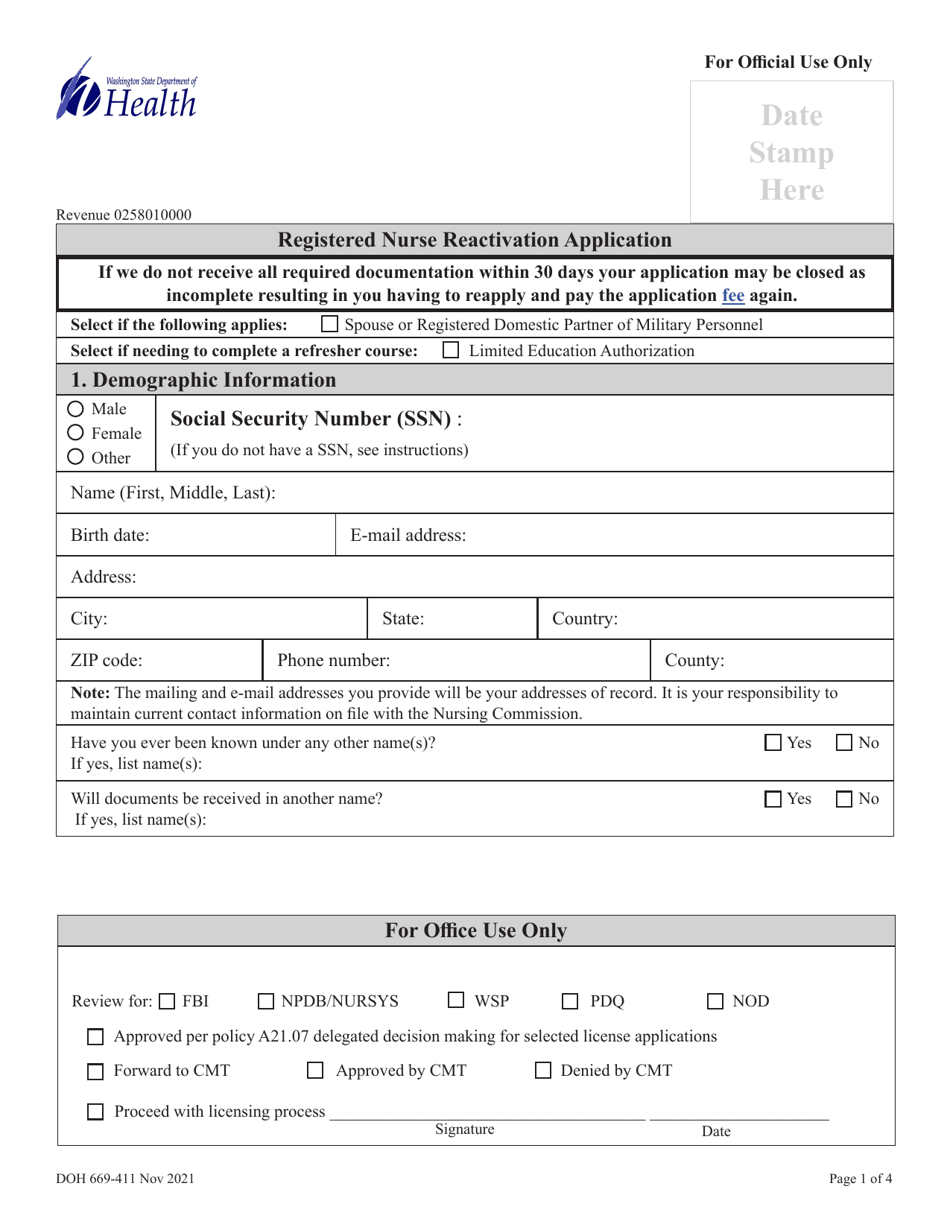 DOH Form 669-404 Registered Nurse Expired / Inactive Reactivation Application - Washington, Page 3