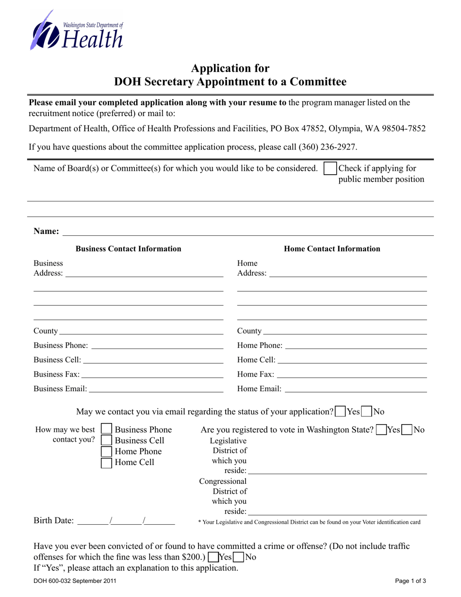 DOH Form 600-032 Application for Doh Secretary Appointment to a Committee - Washington, Page 1