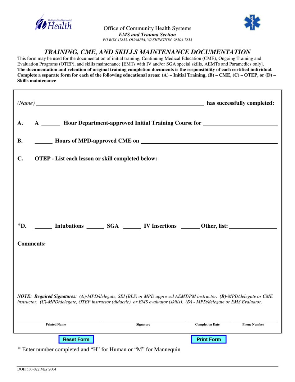 DOH Form 530-022 Training, Cme, and Skills Maintenance Documentation - Washington, Page 1