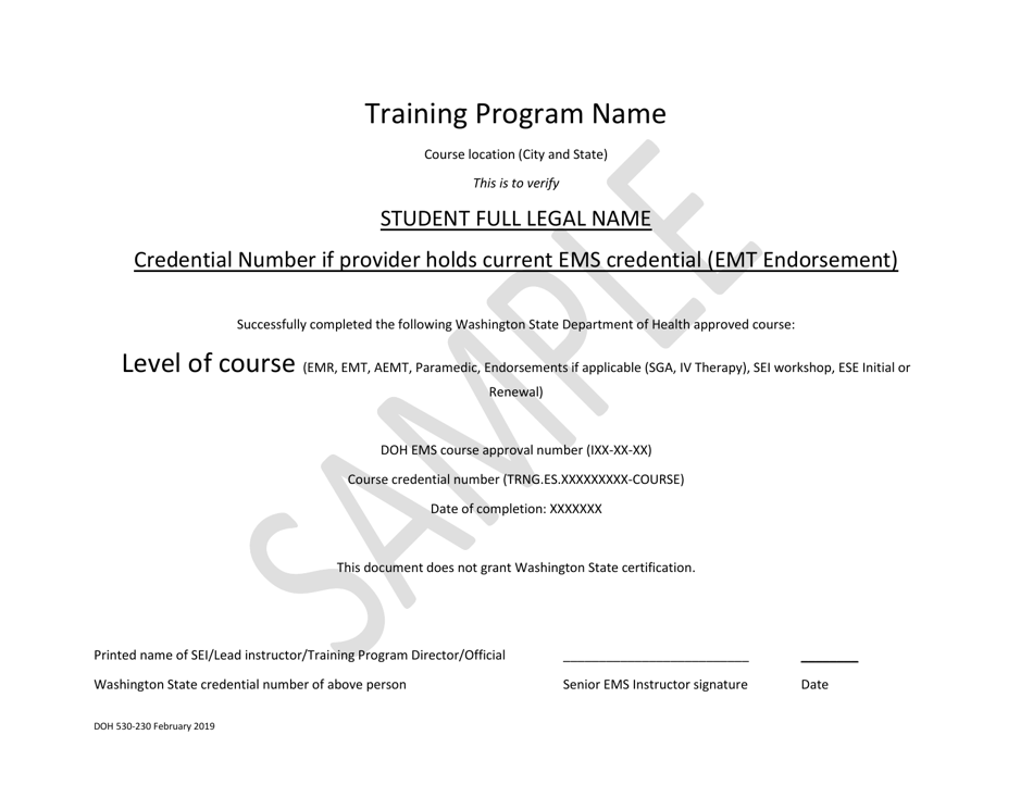 DOH Form 530-230 EMS Course Certificate of Completion - Sample - Washington, Page 1