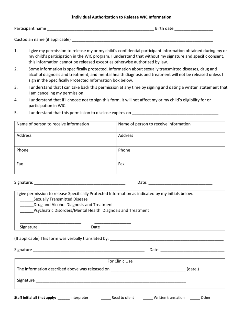 DOH Form 962-979 Individual Authorization to Release Wic Information - Washington, Page 1