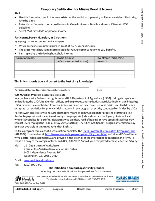 DOH Form 962-989  Printable Pdf