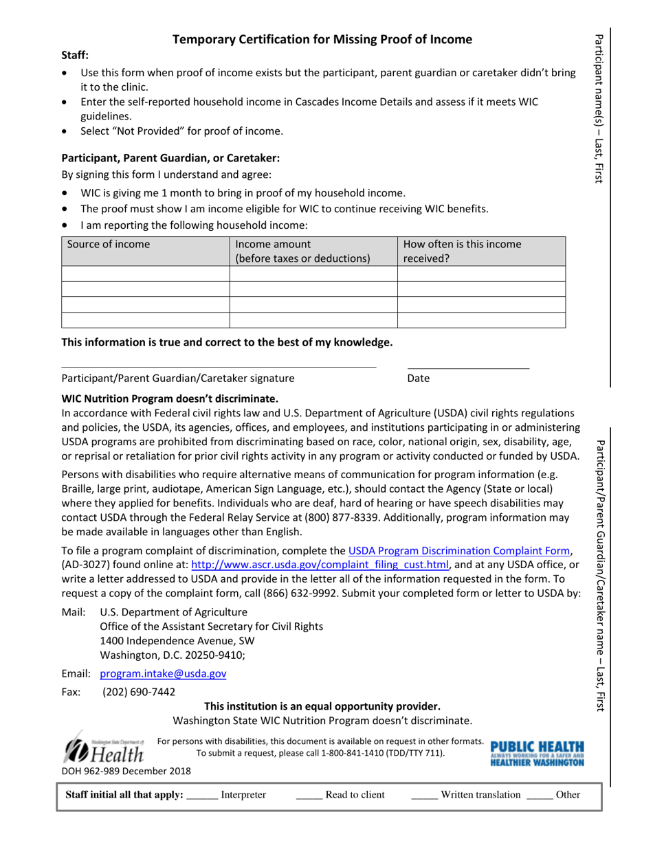 DOH Form 962-989 Temporary Certification for Missing Proof of Income - Washington, Page 1