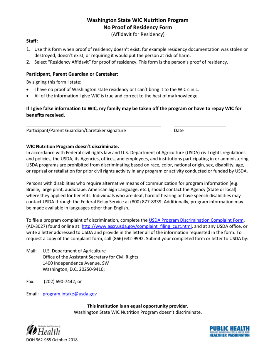DOH Form 962-985 No Proof of Residency Form (Affidavit for Residency) - Washington State Wic Nutrition Program - Washington, Page 1