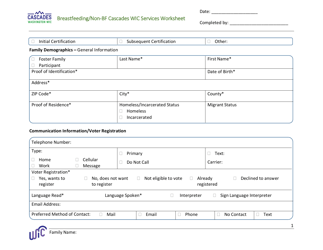 DOH Form 960-170 Breastfeeding/Non-bf Cascades Wic Services Worksheet - Washington