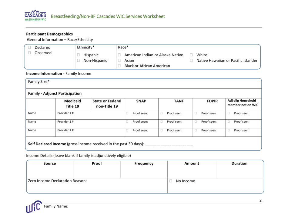 DOH Form 960-170 Breastfeeding / Non-bf Cascades Wic Services Worksheet - Washington, Page 2