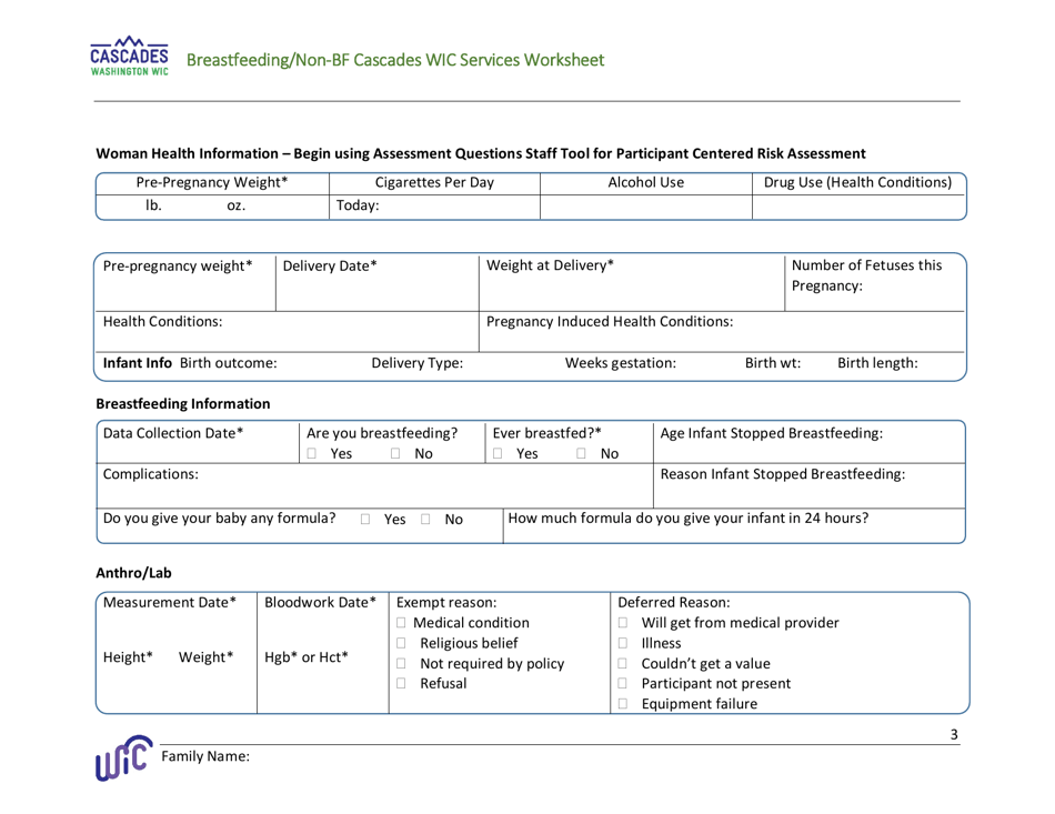 DOH Form 960-170 Breastfeeding / Non-bf Cascades Wic Services Worksheet - Washington, Page 3