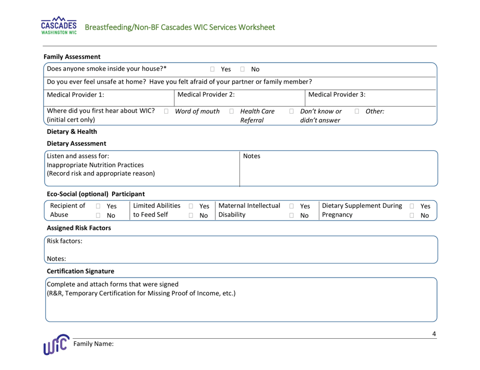 DOH Form 960-170 Breastfeeding / Non-bf Cascades Wic Services Worksheet - Washington, Page 4