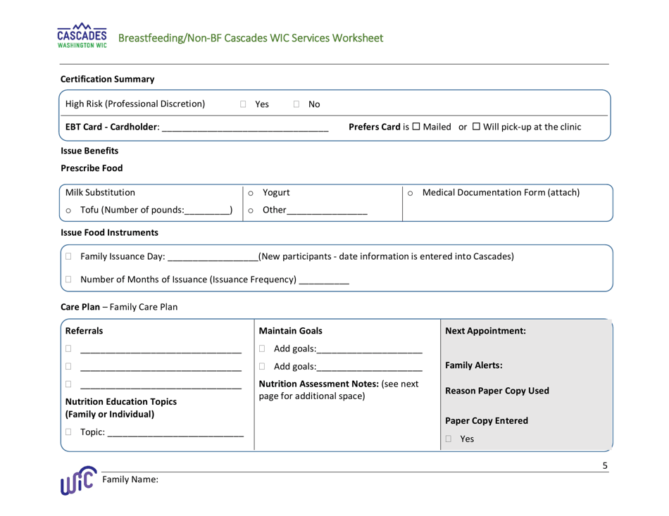 DOH Form 960-170 Breastfeeding / Non-bf Cascades Wic Services Worksheet - Washington, Page 5