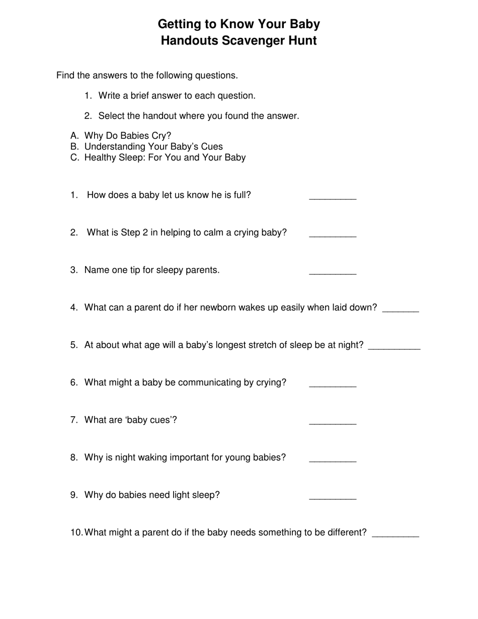 DOH Form 961-973 Getting to Know Your Baby - Scavenger Hunt Activity Sheet - Washington, Page 1