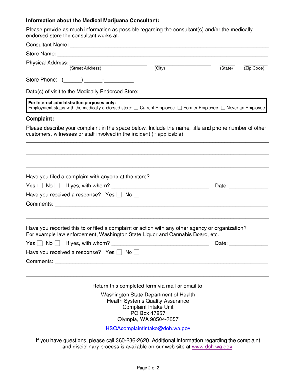 Complaint Intake Form - Medical Marijuana Consultant - Washington, Page 2