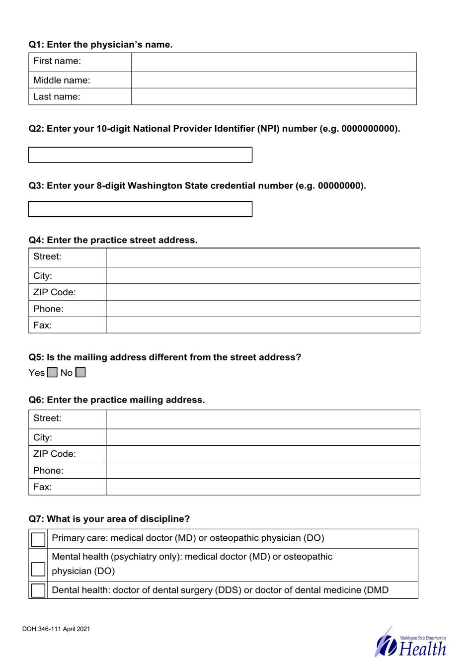 DOH Form 346-111 Health Professional Shortage Area Provider Survey - Washington, Page 2