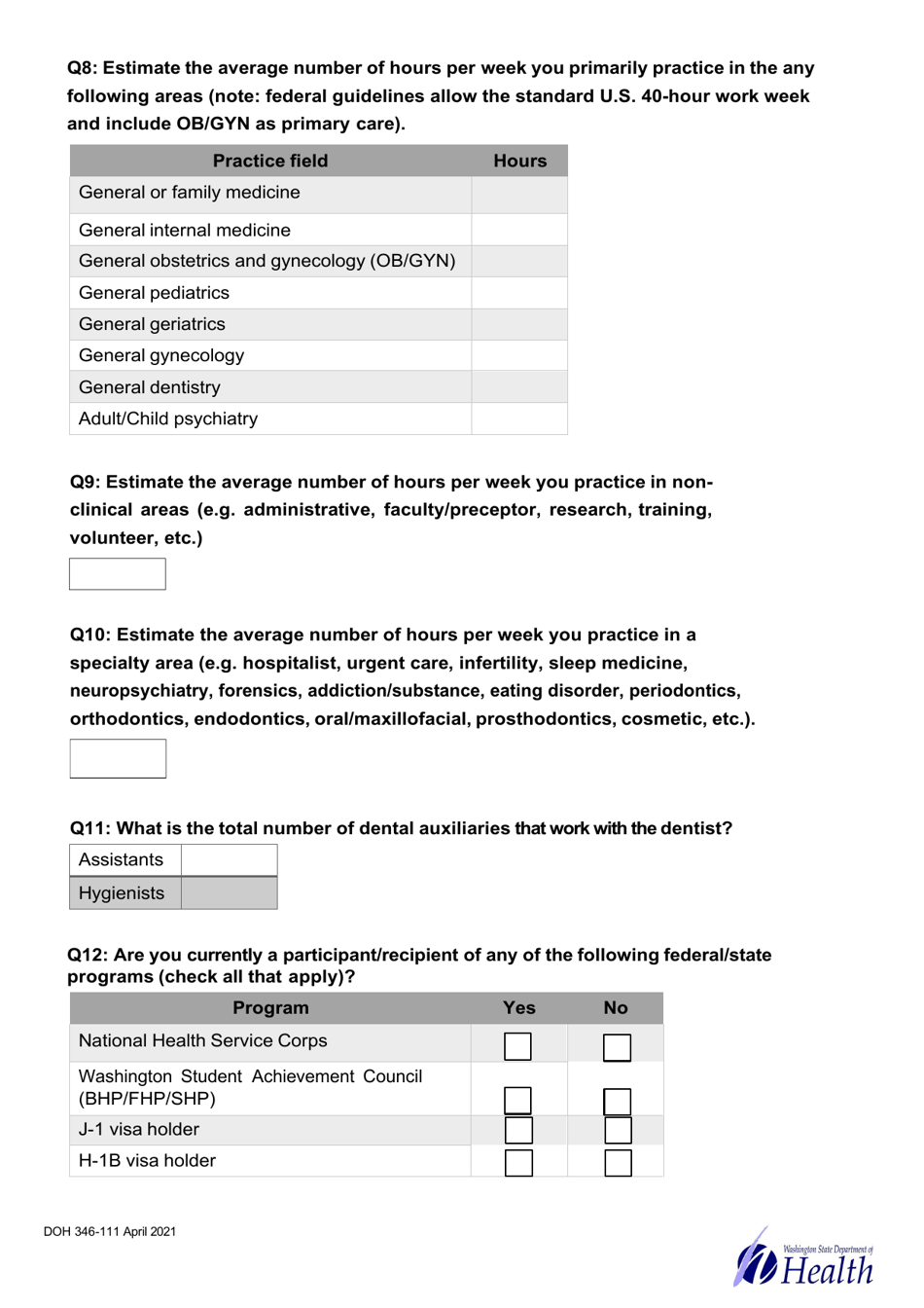 DOH Form 346-111 Health Professional Shortage Area Provider Survey - Washington, Page 3