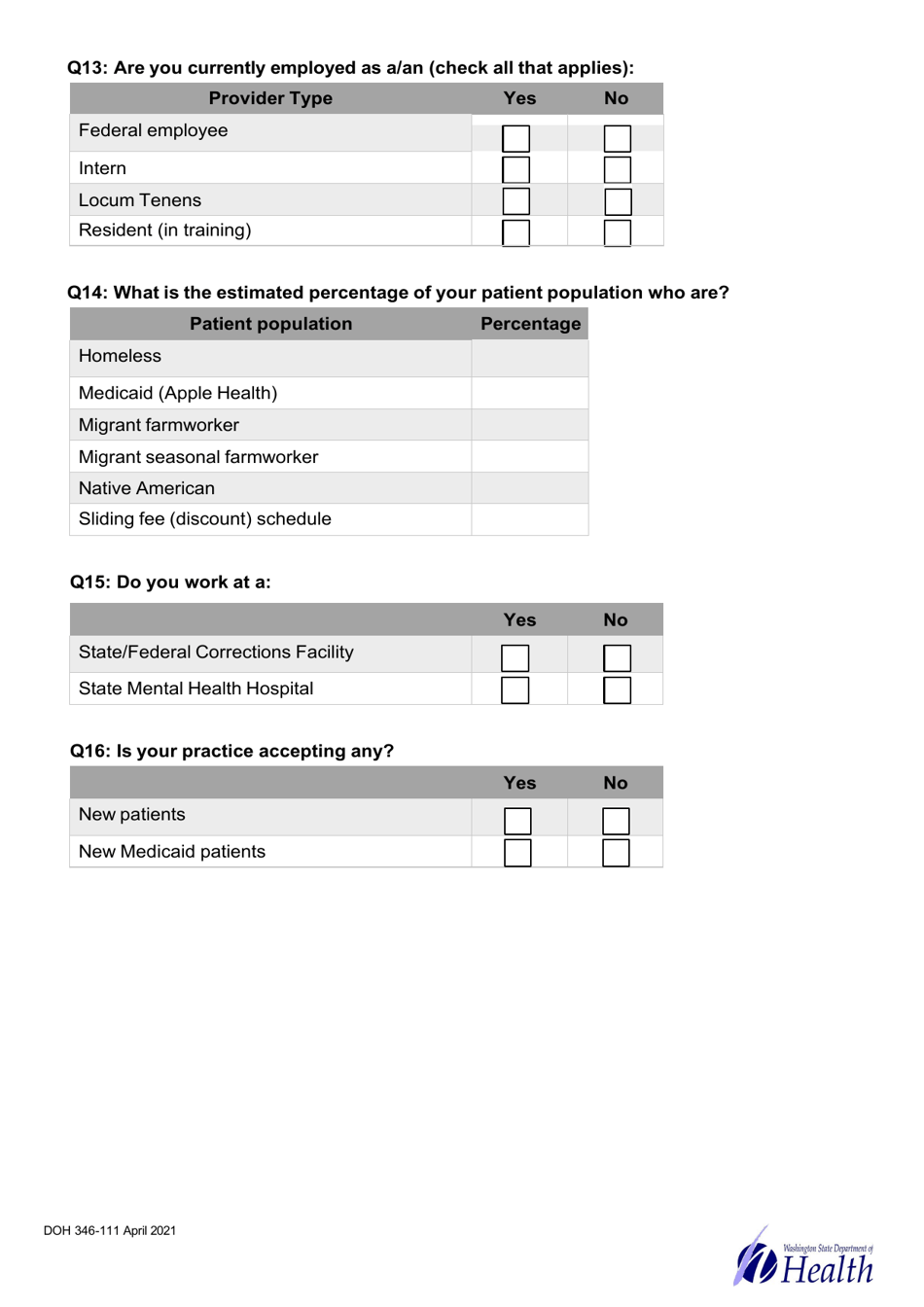 DOH Form 346-111 Health Professional Shortage Area Provider Survey - Washington, Page 4