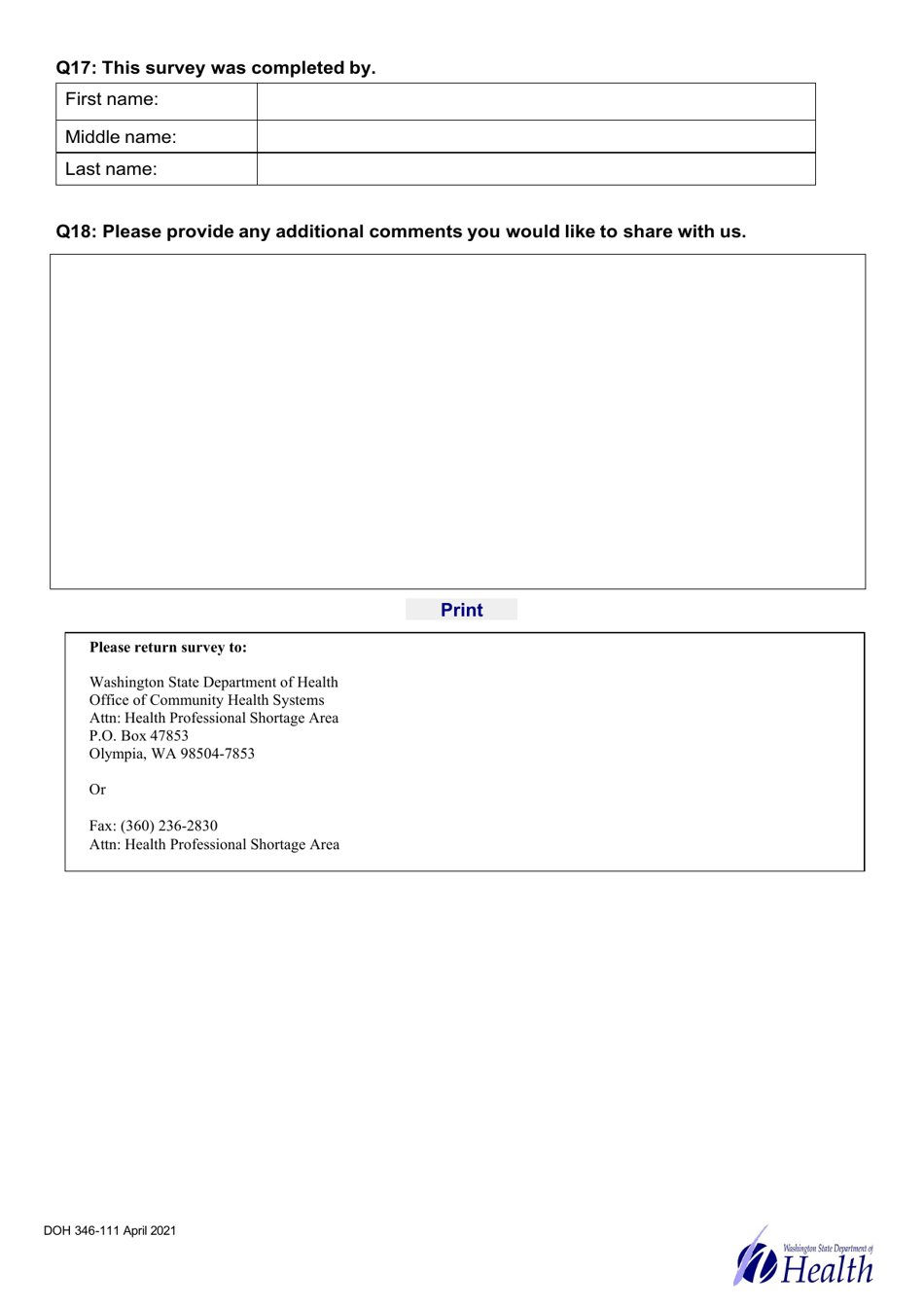 DOH Form 346-111 Health Professional Shortage Area Provider Survey - Washington, Page 5