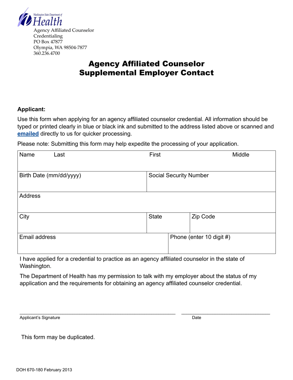 DOH Form 670-180 Agency Affiliated Counselor Supplemental Employer Contact - Washington, Page 1