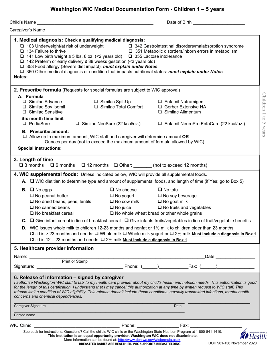 DOH Form 961-136 Washington Wic Medical Documentation Form - Children 1 - 5 Years - Washington, Page 1