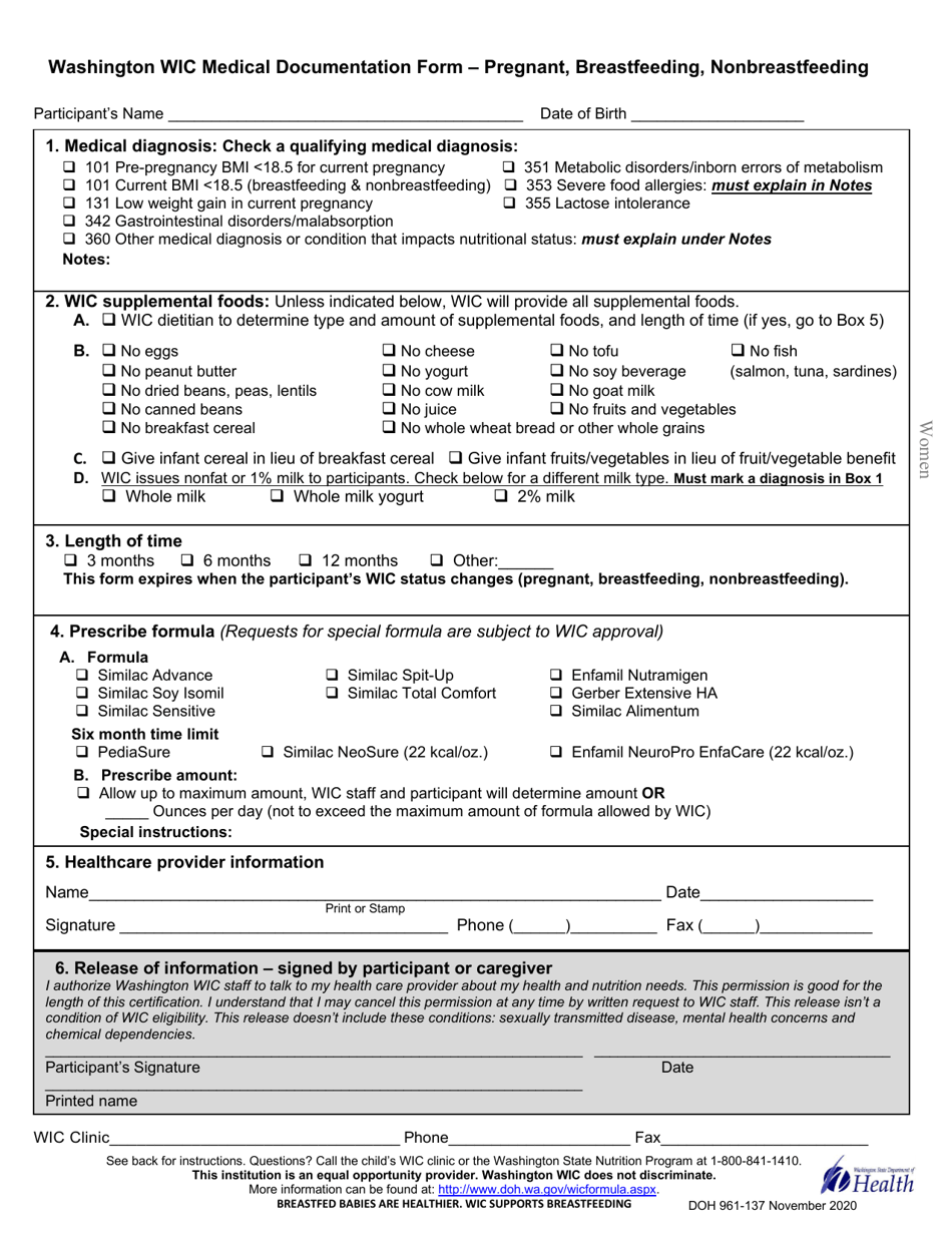 DOH Form 961-137 Washington Wic Medical Documentation Form - Pregnant, Breastfeeding, Nonbreastfeeding - Washington, Page 1