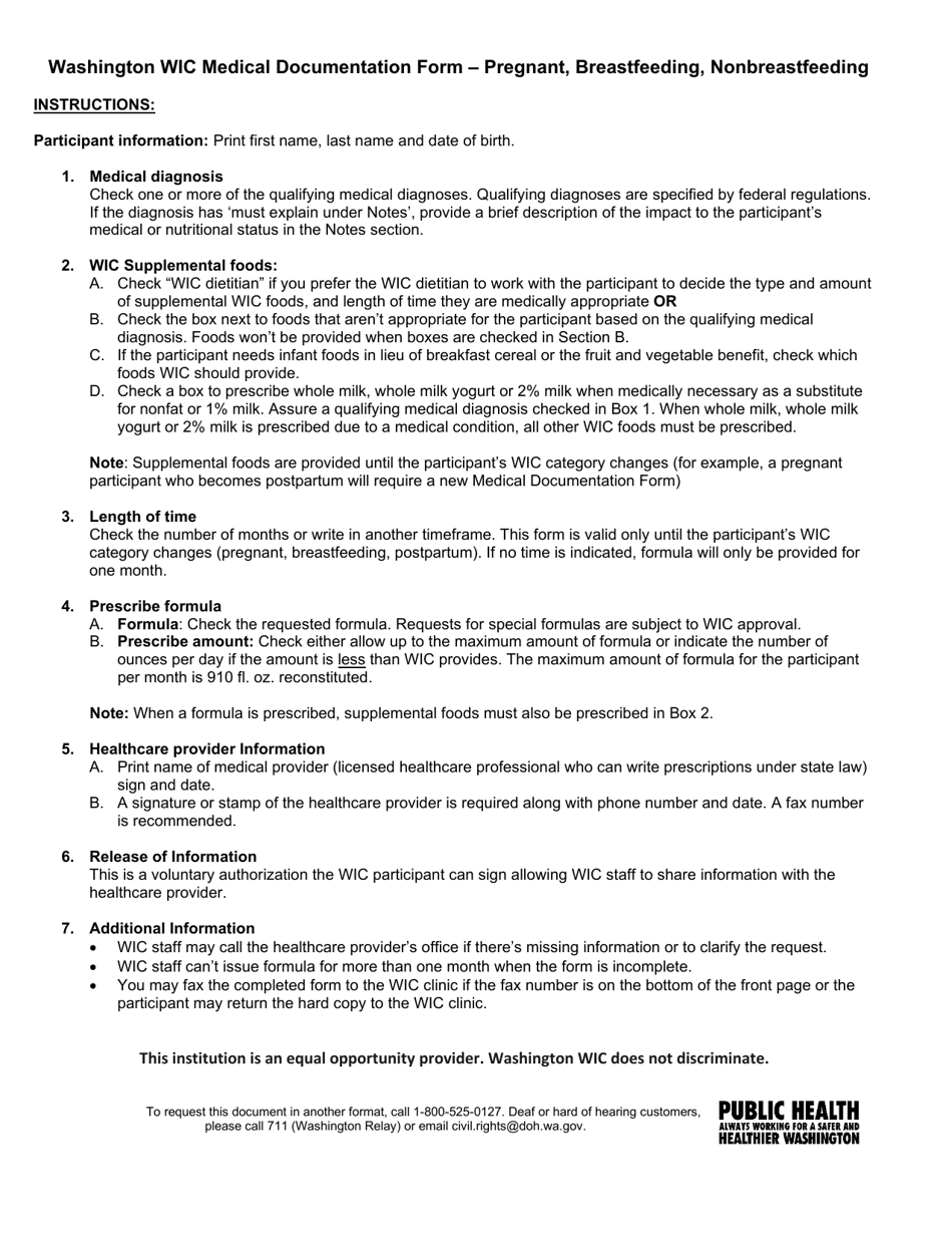 DOH Form 961-137 Washington Wic Medical Documentation Form - Pregnant, Breastfeeding, Nonbreastfeeding - Washington, Page 2