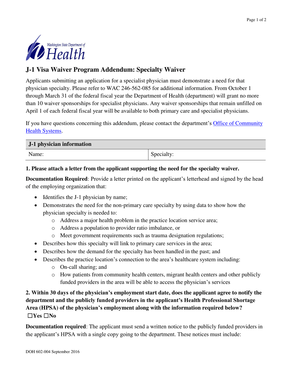 DOH Form 602-004 J-1 Visa Waiver Program Addendum: Specialty Waiver - Washington, Page 1