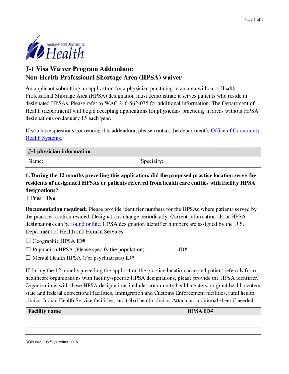 DOH Form 602-003 J-1 Visa Waiver Program Addendum: Non-health Professional Shortage Area (Hpsa) Waiver - Washington, Page 1