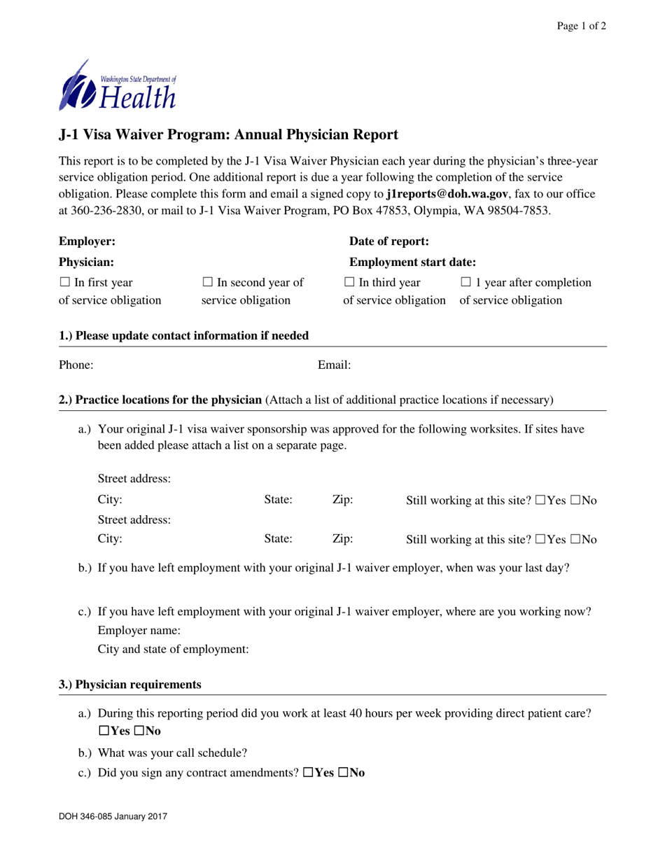 DOH Form 346-085 Annual Physician Report - J-1 Visa Waiver Program - Washington, Page 1
