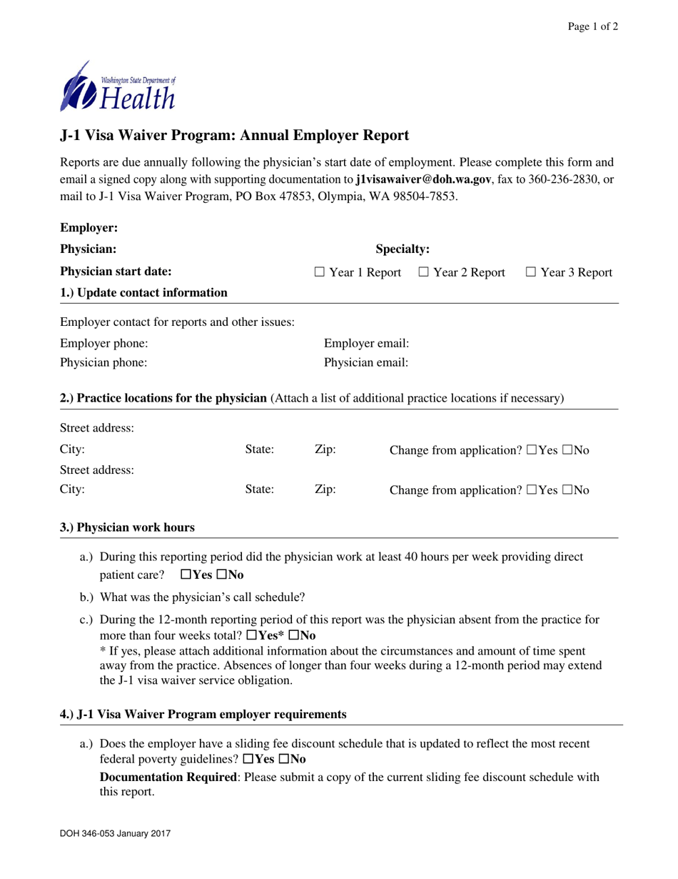 DOH Form 346-053 Annual Employer Report - J-1 Visa Waiver Program - Washington, Page 1