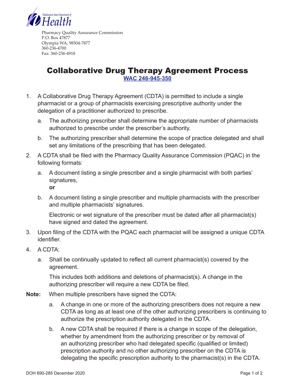DOH Form 690-212 Collaborative Drug Therapy Agreement Review Form - Washington, Page 1