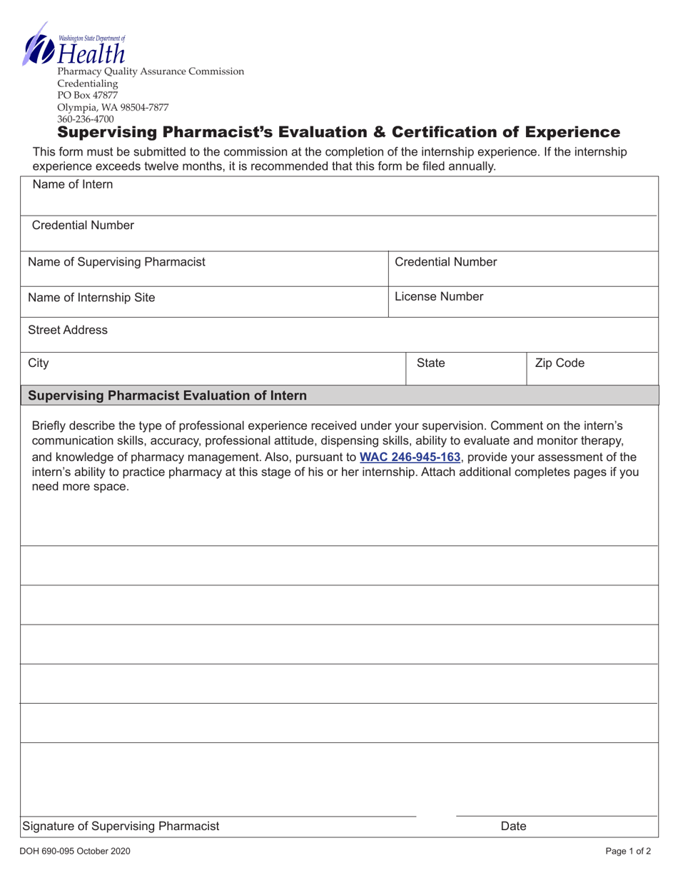 DOH Form 690-095 Supervising Pharmacists Evaluation and Certification of Experience - Washington, Page 1