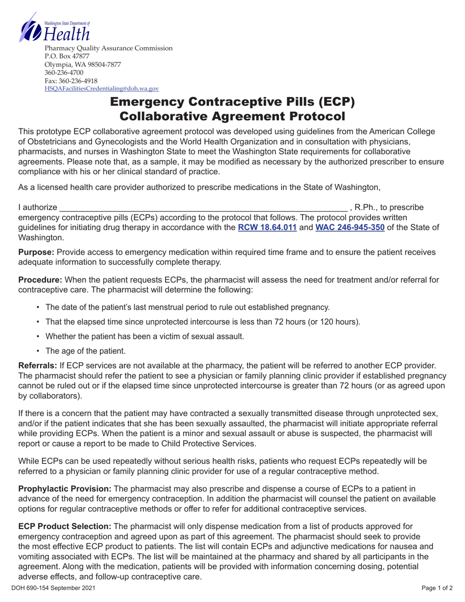 DOH Form 690-154 Emergency Contraceptive Pills (Ecp) Collaborative Agreement Protocol - Washington, Page 1