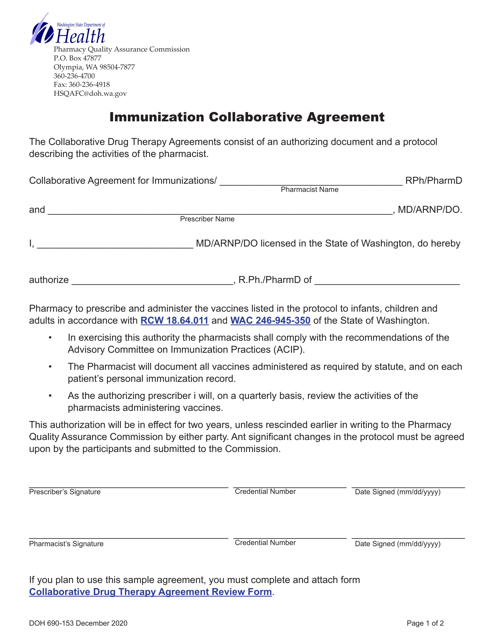 DOH Form 690-153 Immunization Collaborative Agreement - Washington