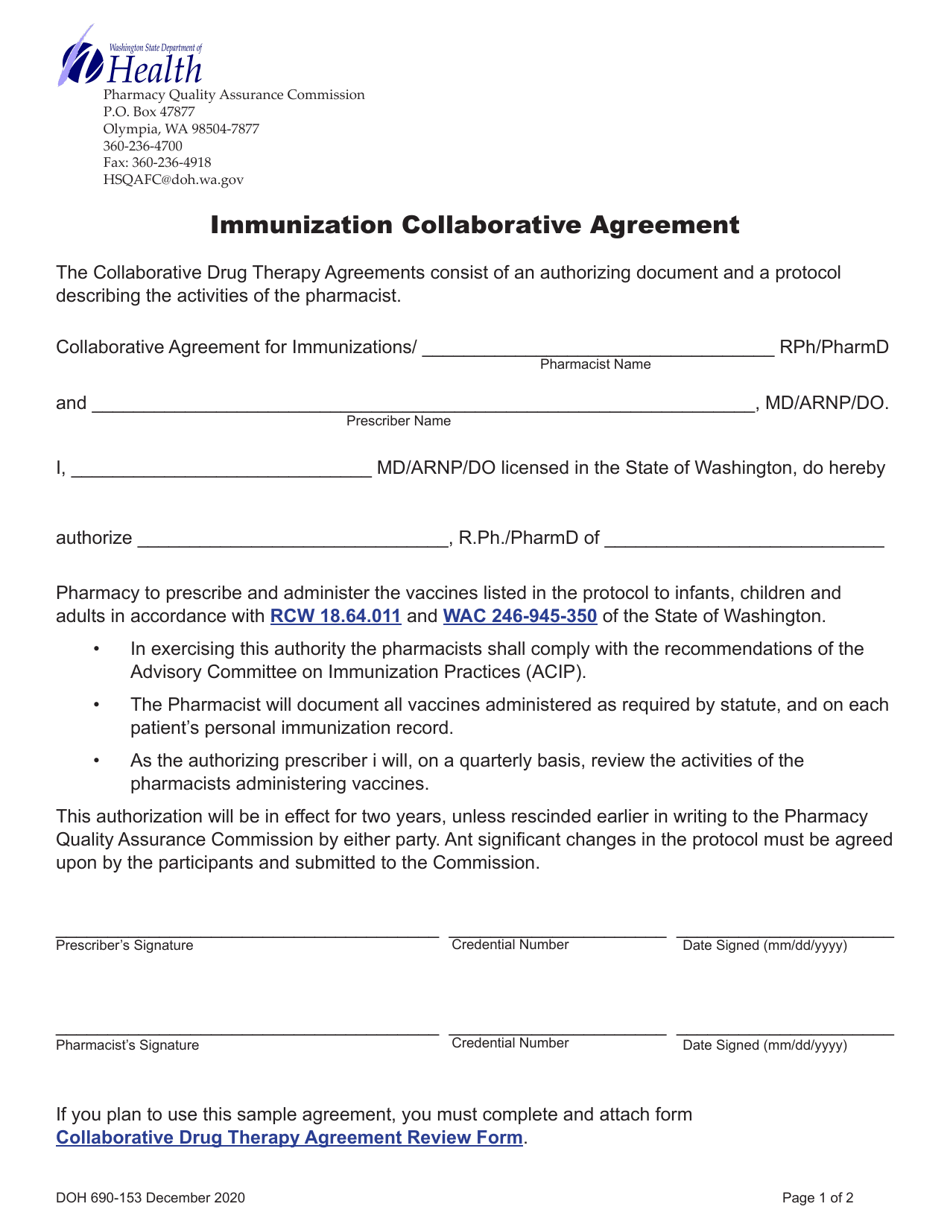 DOH Form 690-153 Immunization Collaborative Agreement - Washington, Page 1