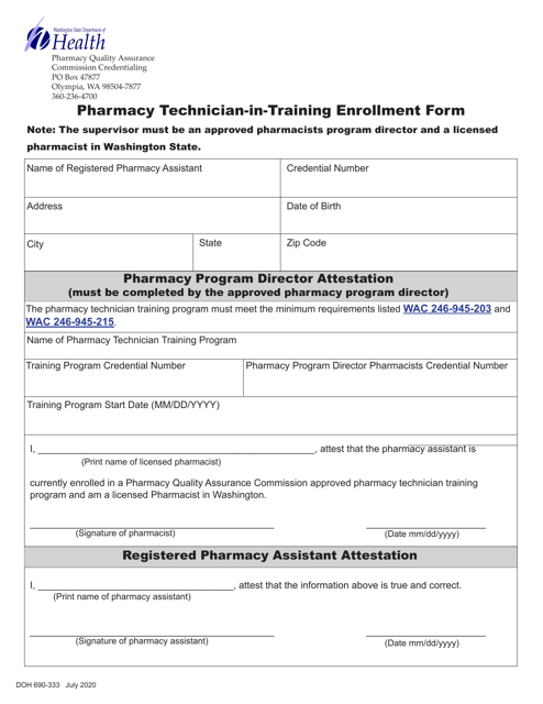 DOH Form 690-333 Pharmacy Technician-In-training Enrollment Form - Washington