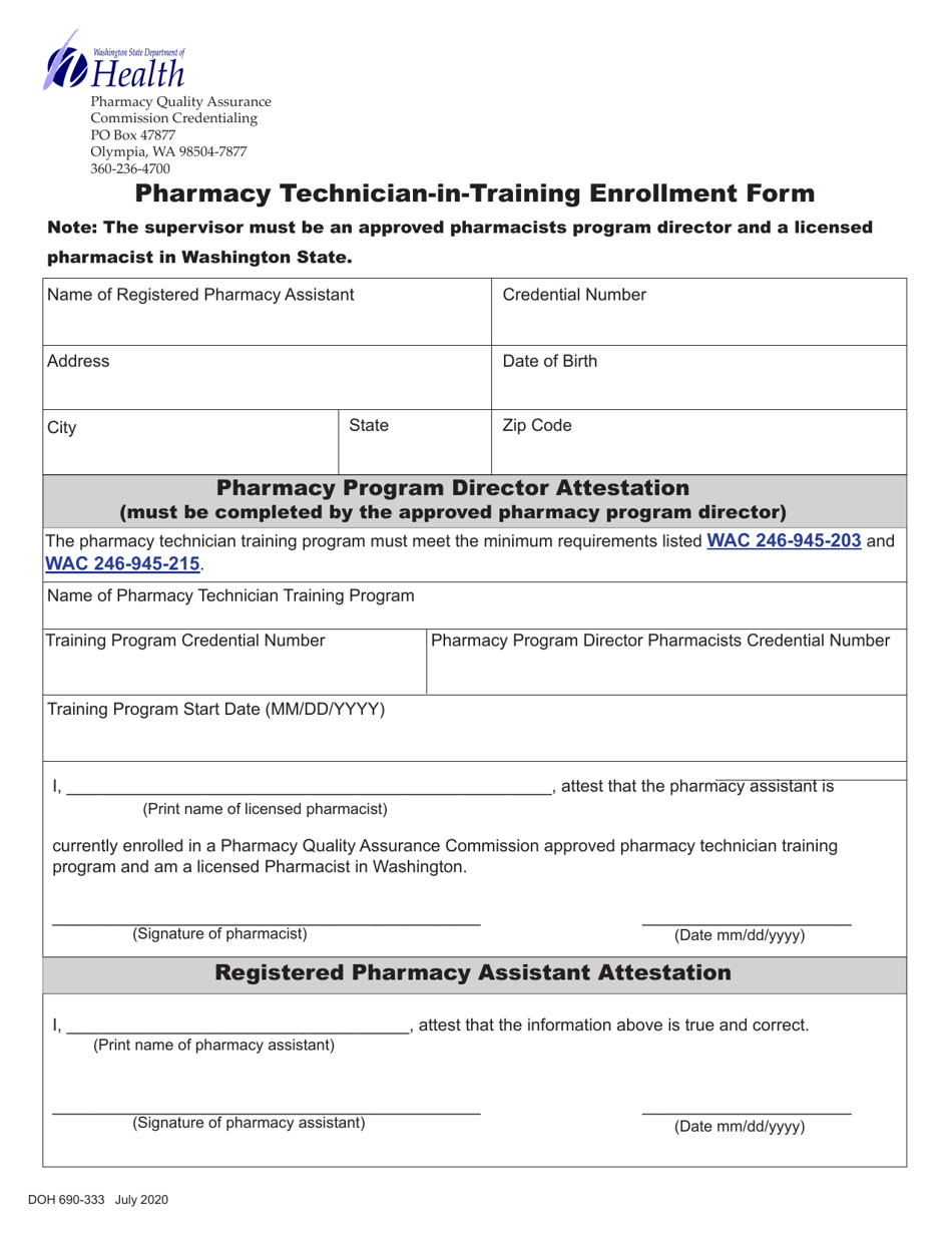 DOH Form 690-333 Pharmacy Technician-In-training Enrollment Form - Washington, Page 1