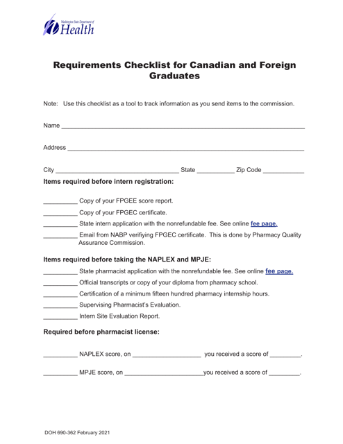 DOH Form 690-362 Requirements Checklist for Canadian and Foreign Graduates - Washington