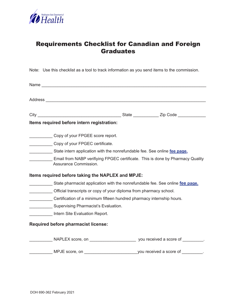 DOH Form 690-362 Requirements Checklist for Canadian and Foreign Graduates - Washington, Page 1